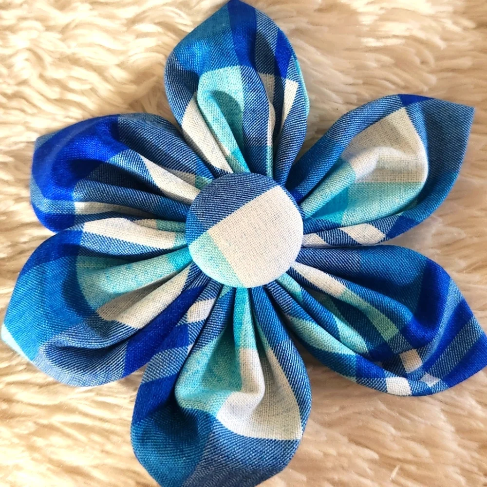 DOGWONG Blue Plaid Cotton Collar and Bow